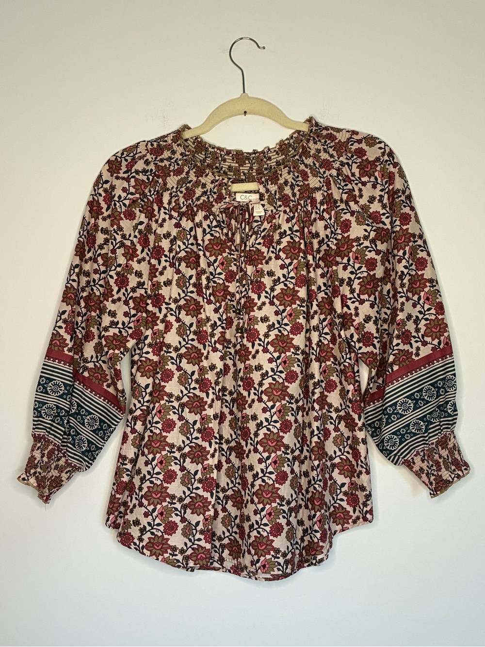 C&C California Tunic Top Cotton Floral Peasant Smocked Boho Rust and Beige